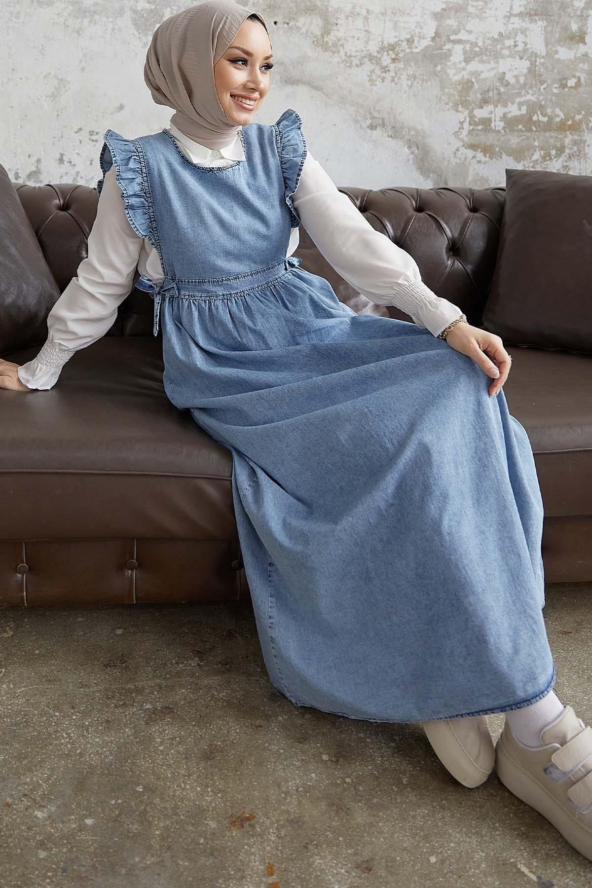 Frida Omuzu Fırfırlı Kot Jile Elbise - Açık Mavi