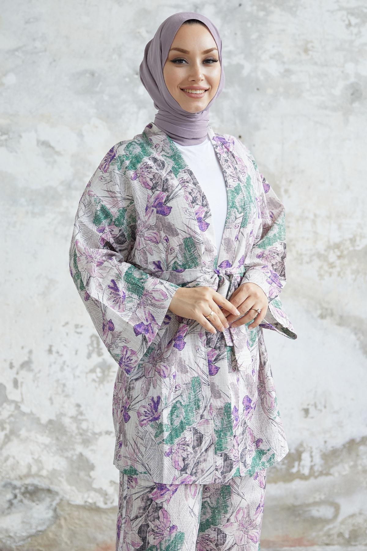 Kamelya Çiçek Desen Kimono Takım - Mor