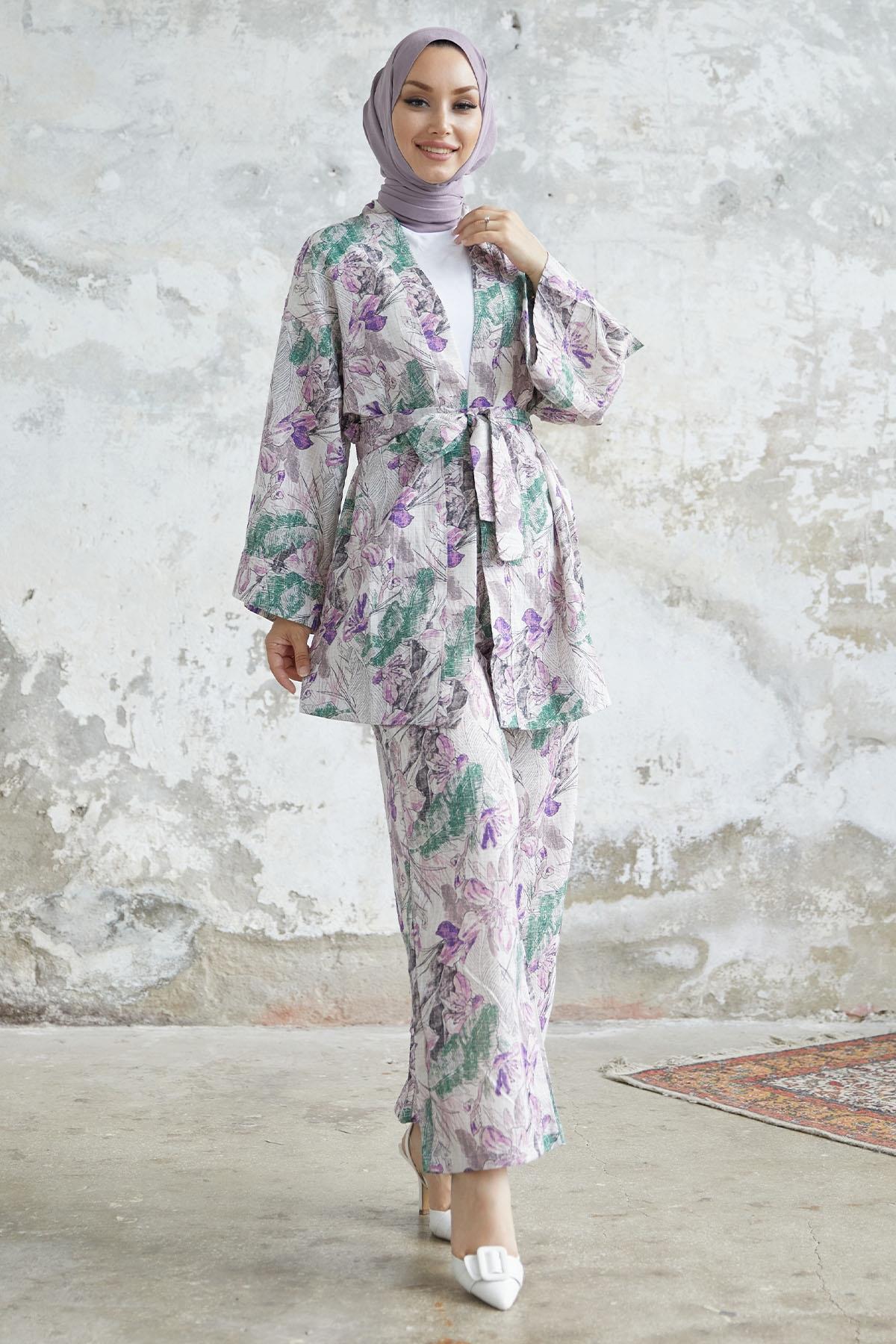 Kamelya Çiçek Desen Kimono Takım - Mor