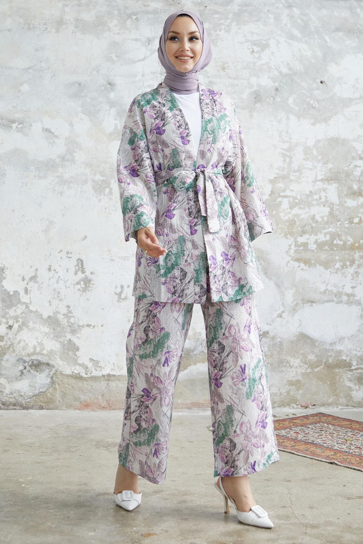 Kamelya Çiçek Desen Kimono Takım - Mor