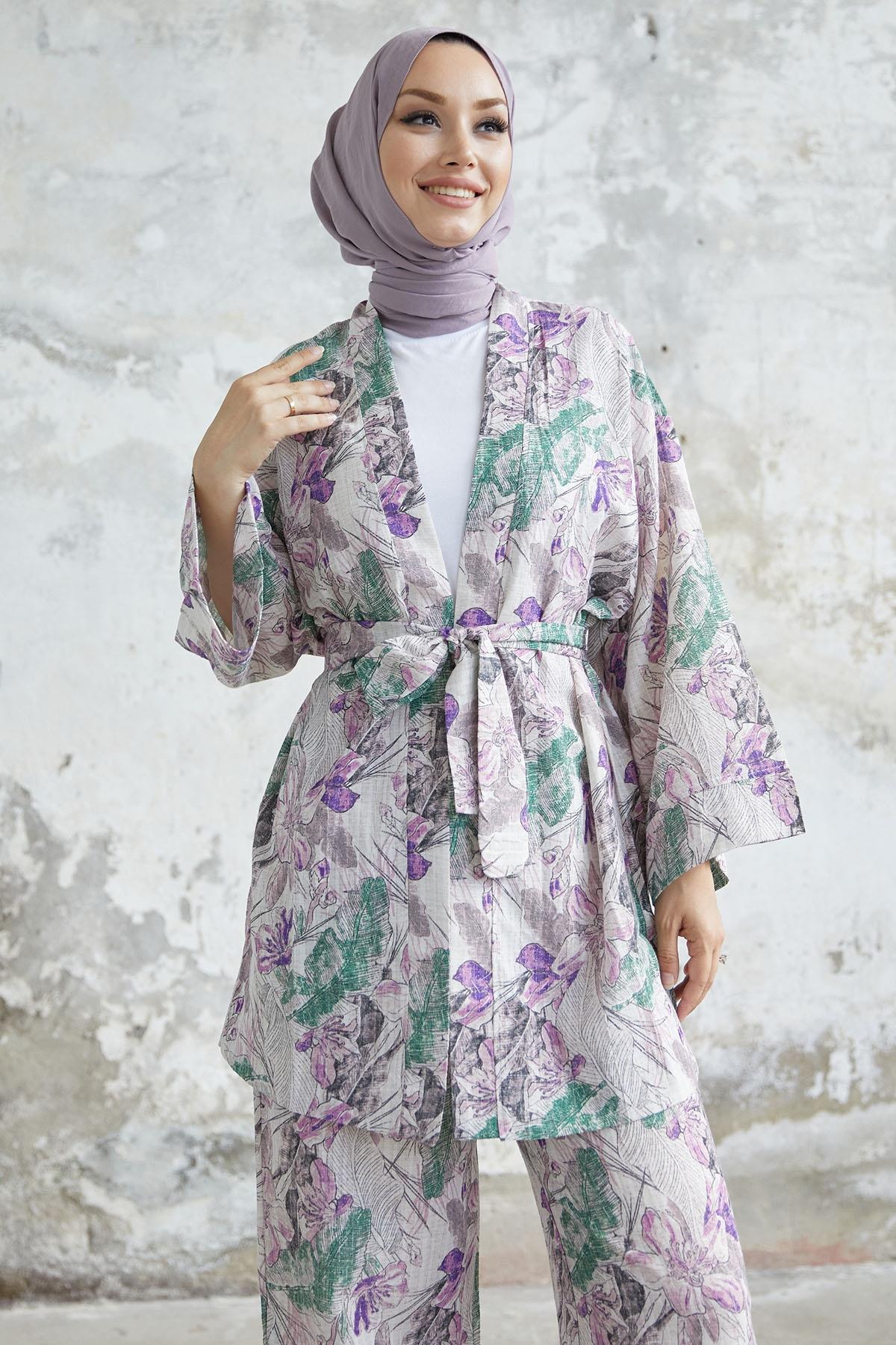 Kamelya Çiçek Desen Kimono Takım - Mor