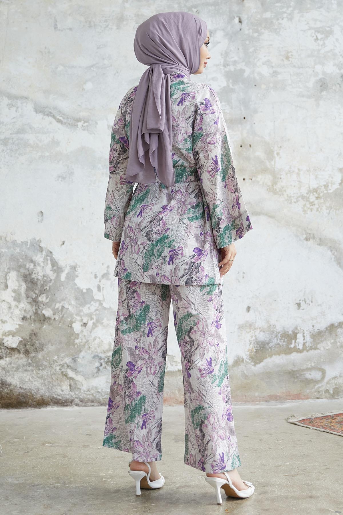 Kamelya Çiçek Desen Kimono Takım - Mor