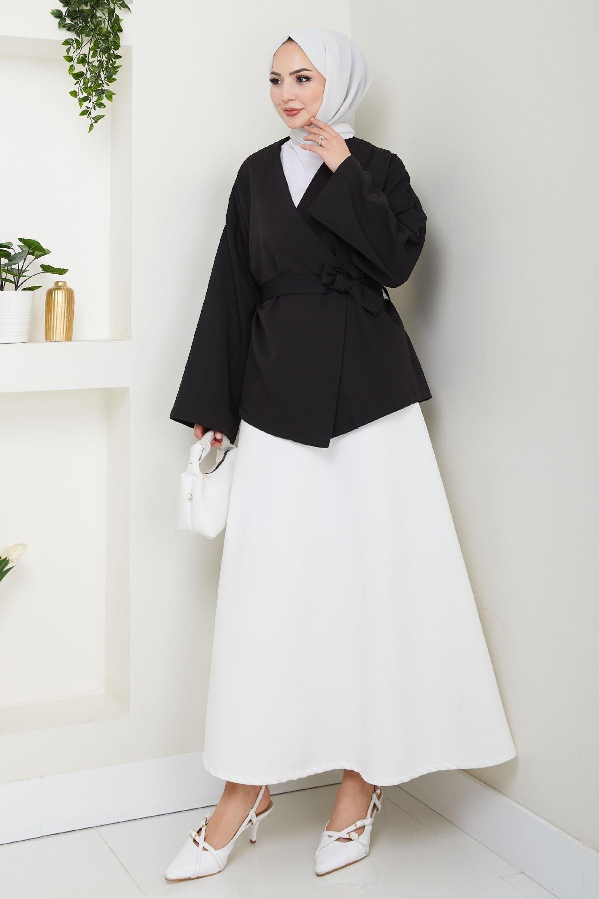 Kuşaklı Tek Düğmeli Double Kimono Siyah