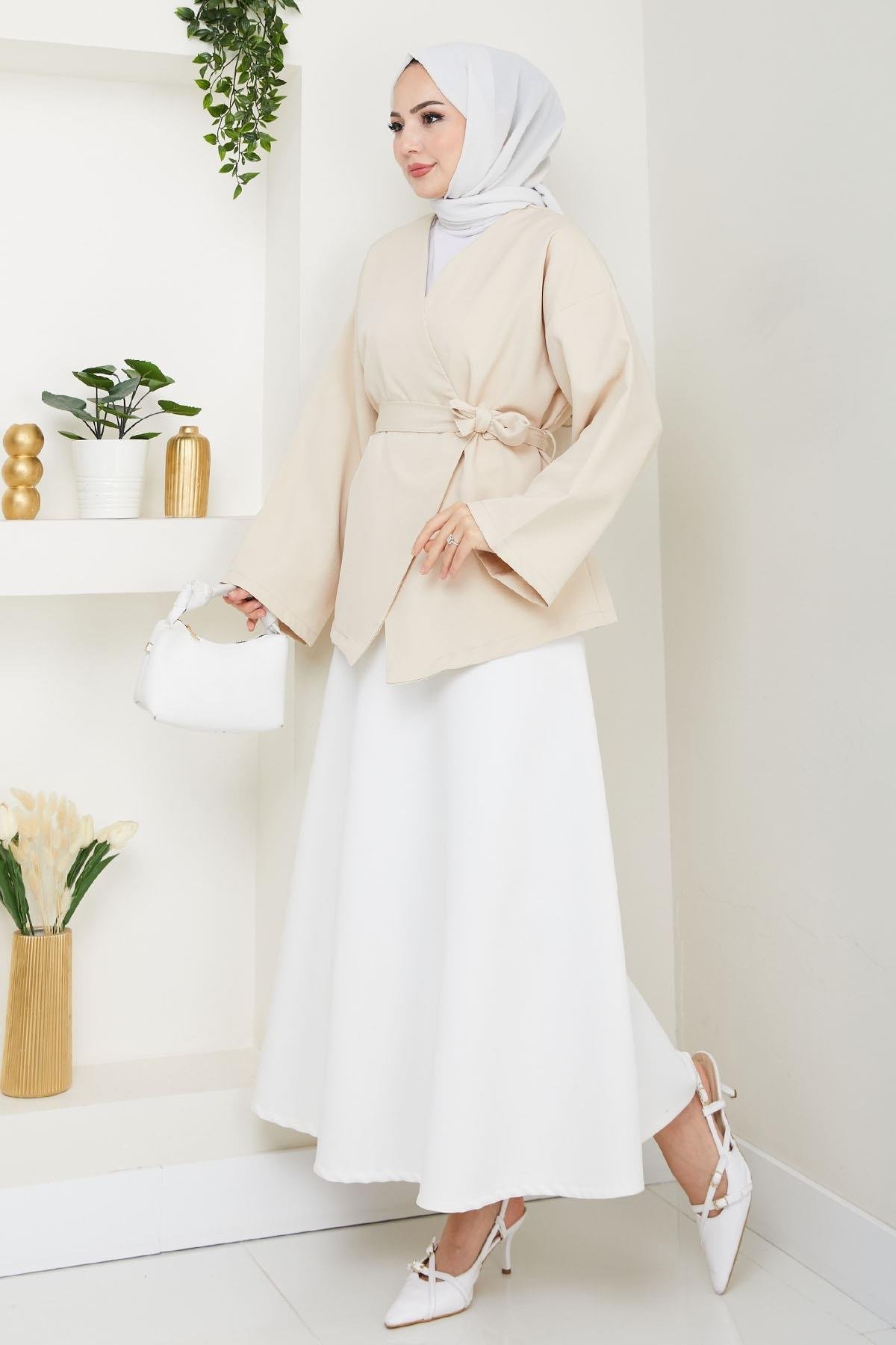 Kuşaklı Tek Düğmeli Double Kimono Taş