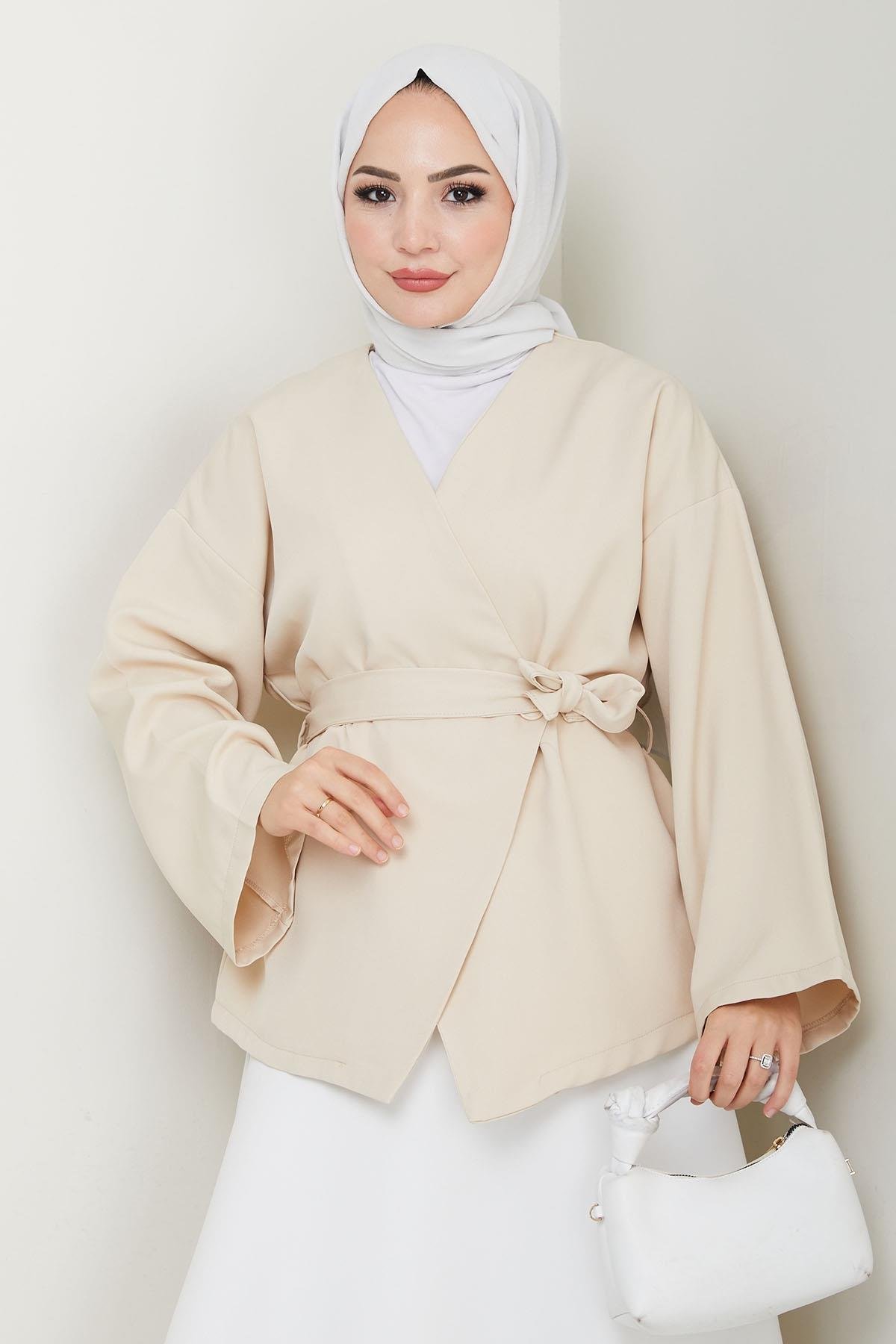 Kuşaklı Tek Düğmeli Double Kimono Taş