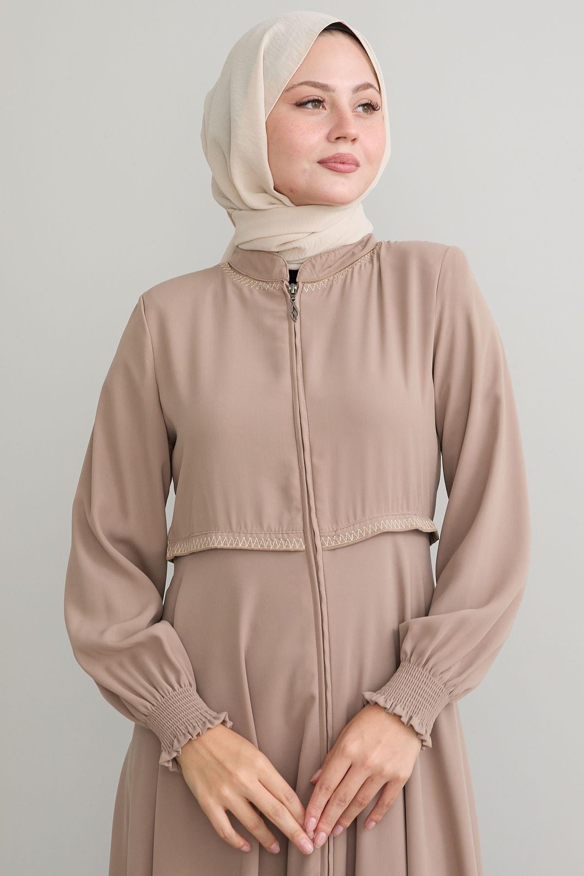 Nakışlı Mevlana Kumaş Bej Ferace