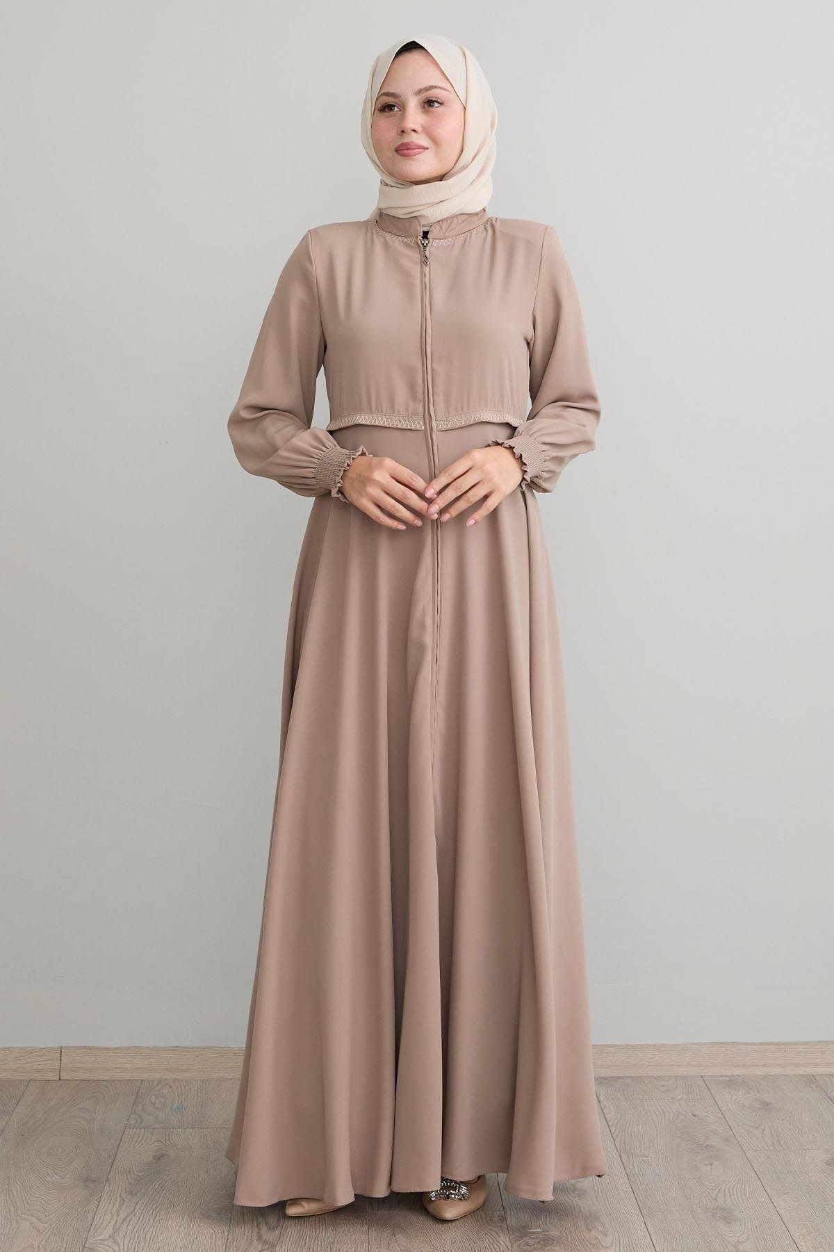 Nakışlı Mevlana Kumaş Bej Ferace