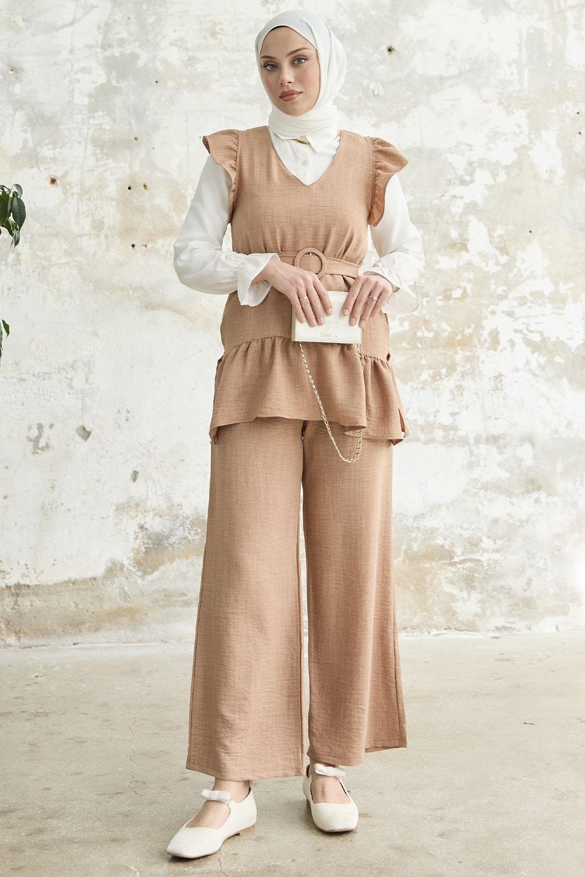 Omuzu Fırfırlı Üçlü Camel Takım
