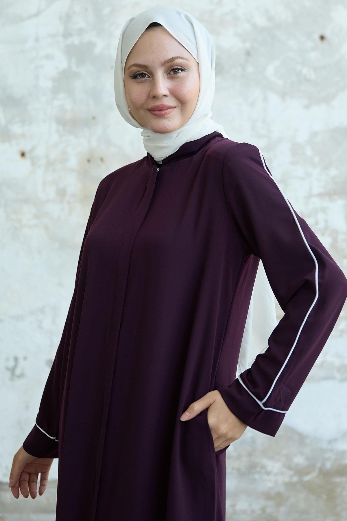 Salvia Salaş Kol Biye Desenli Mürdüm Ferace