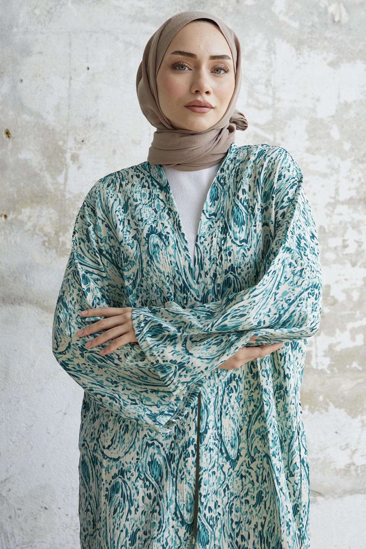 Sarmal Desenli Uzun Yeşil Kimono