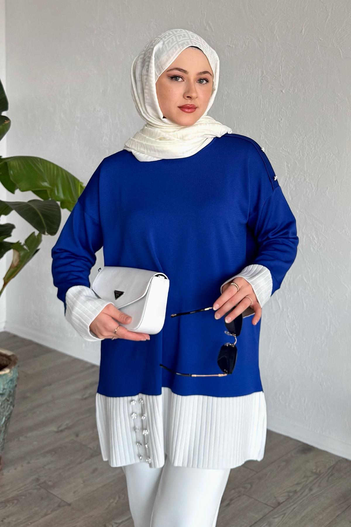 Taş Detay Triko Garnili Saks Mavisi Tunik