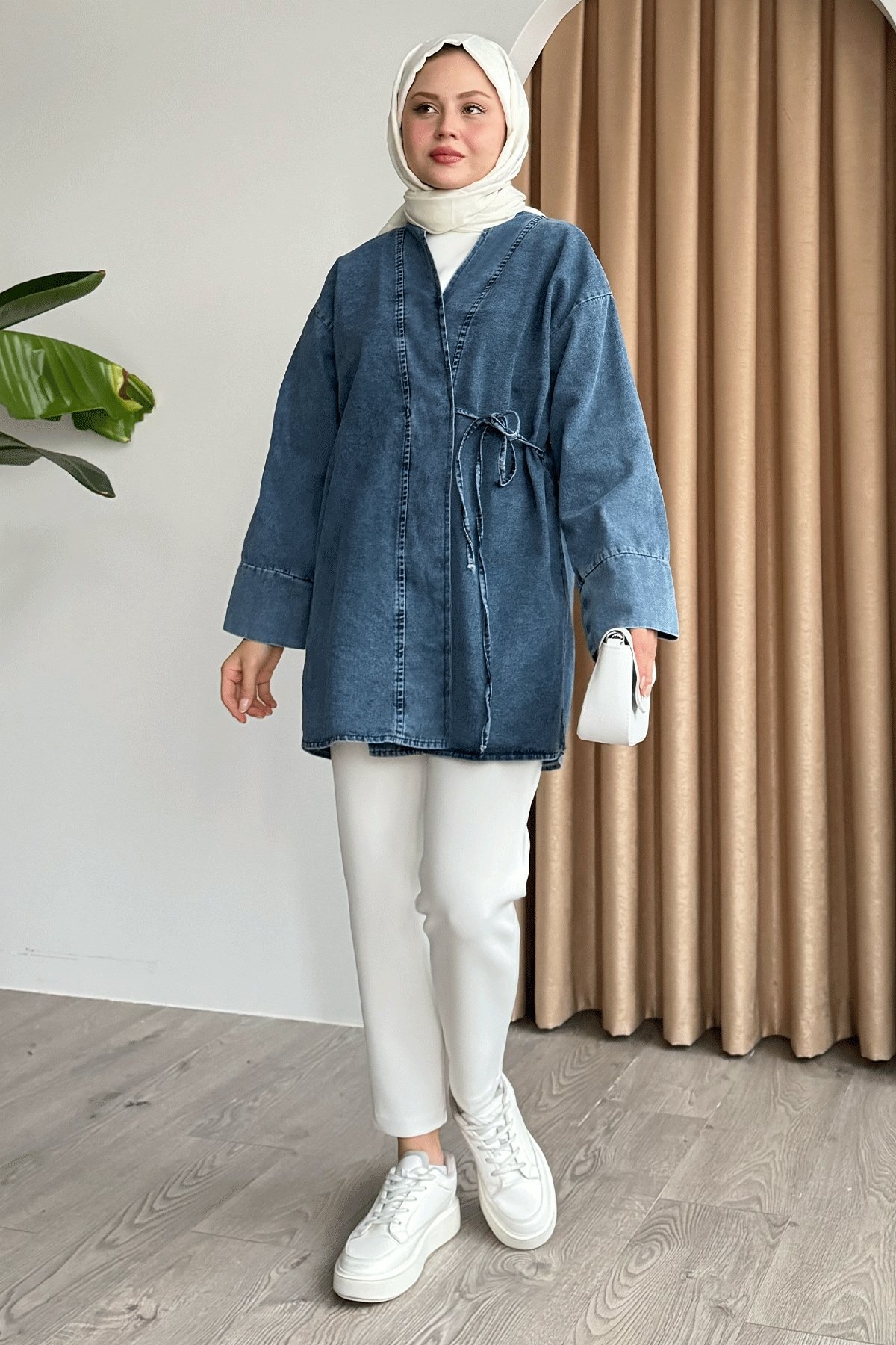 Yandan Bağlamalı Kot Mavi Kimono