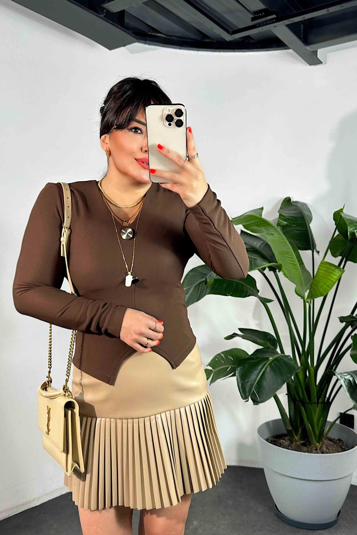 Premium Kalite Düğme Tasarım Bluz Acı Kahve