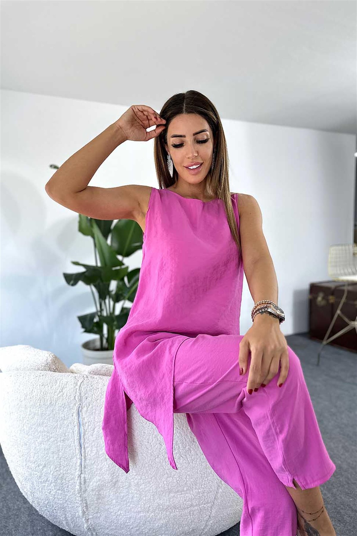 Tensel Kumaş Geniş Yaka Bluz Beli Lastikli Pantolon İkili Kadın Takım Pembe