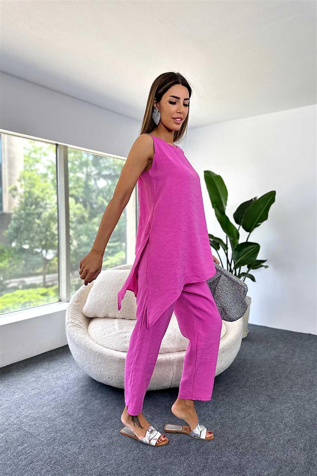 Tensel Kumaş Geniş Yaka Bluz Beli Lastikli Pantolon İkili Kadın Takım Pembe