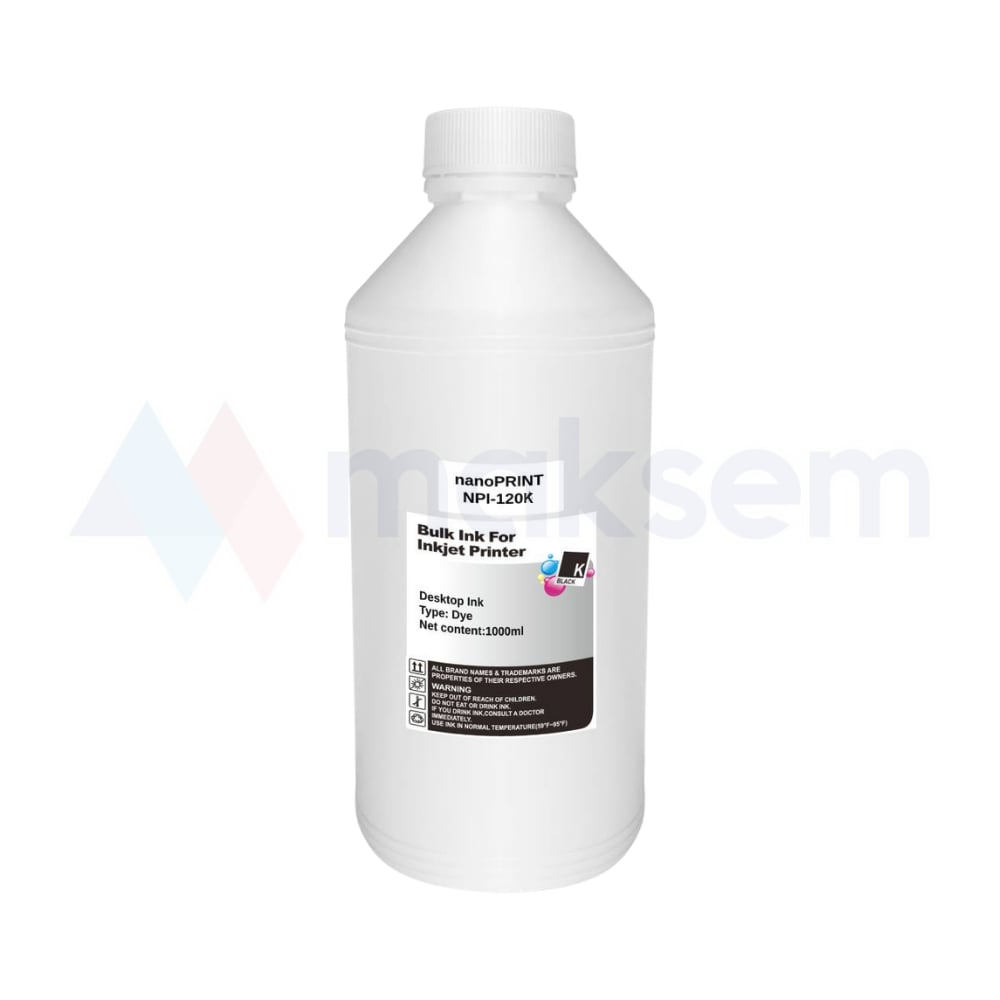 Siyah Mürekkep Dye (Ink) 1000ml NPI-120K, Canon Universal Kartuş Modelleri: PG-40 PG-41 PG-50