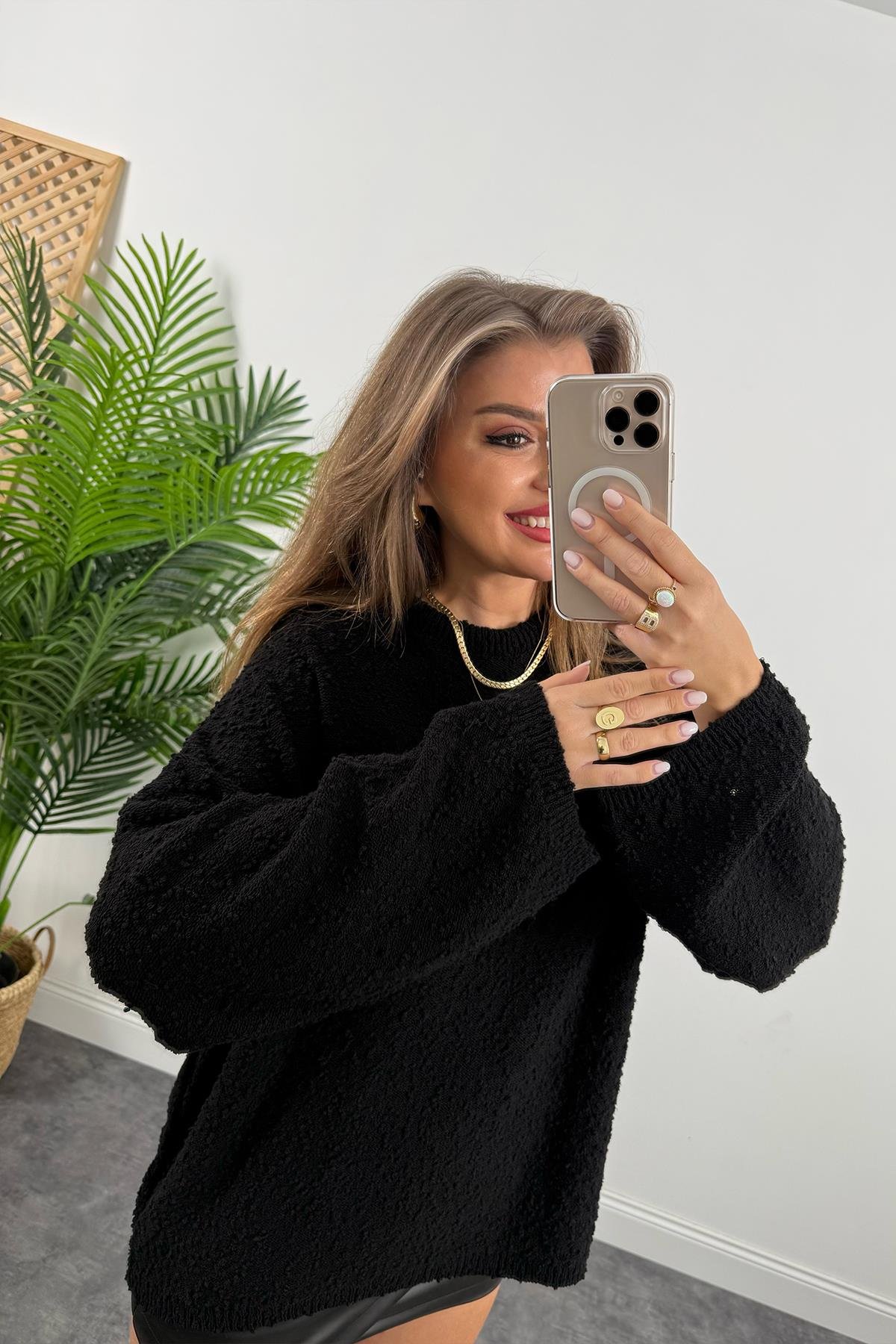 Buklet Triko Pinterest Model Geniş Kol Salaş Kazak Siyah