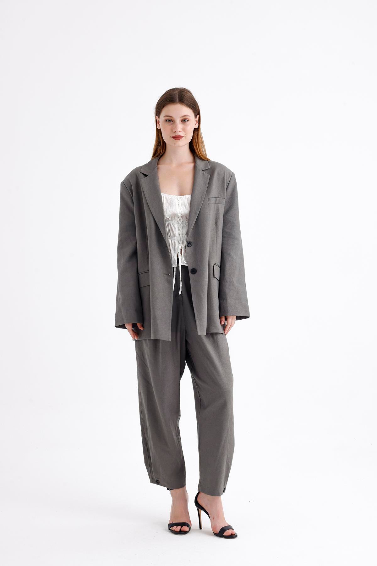 Keten Karışımlı Çift Düğmeli Yırtmaçlı Astarlı Oversize Ceket