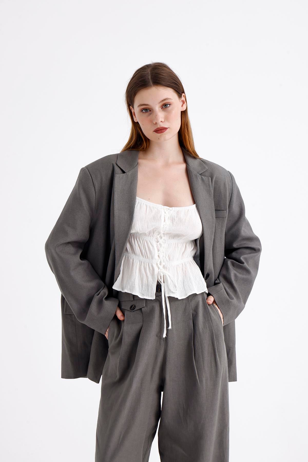 Keten Karışımlı Çift Düğmeli Yırtmaçlı Astarlı Oversize Ceket