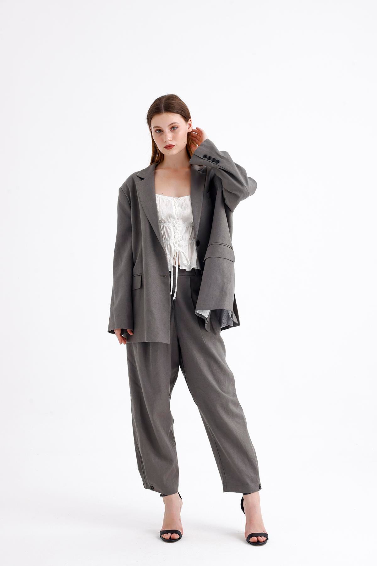Keten Karışımlı Çift Düğmeli Yırtmaçlı Astarlı Oversize Ceket