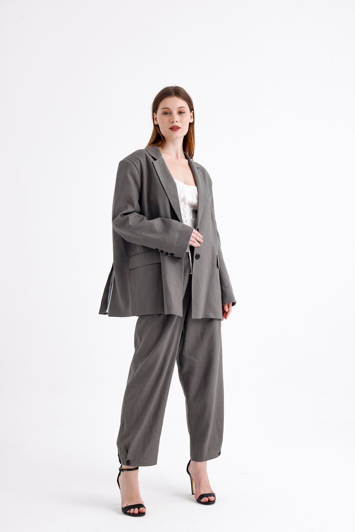 Keten Karışımlı Çift Düğmeli Yırtmaçlı Astarlı Oversize Ceket