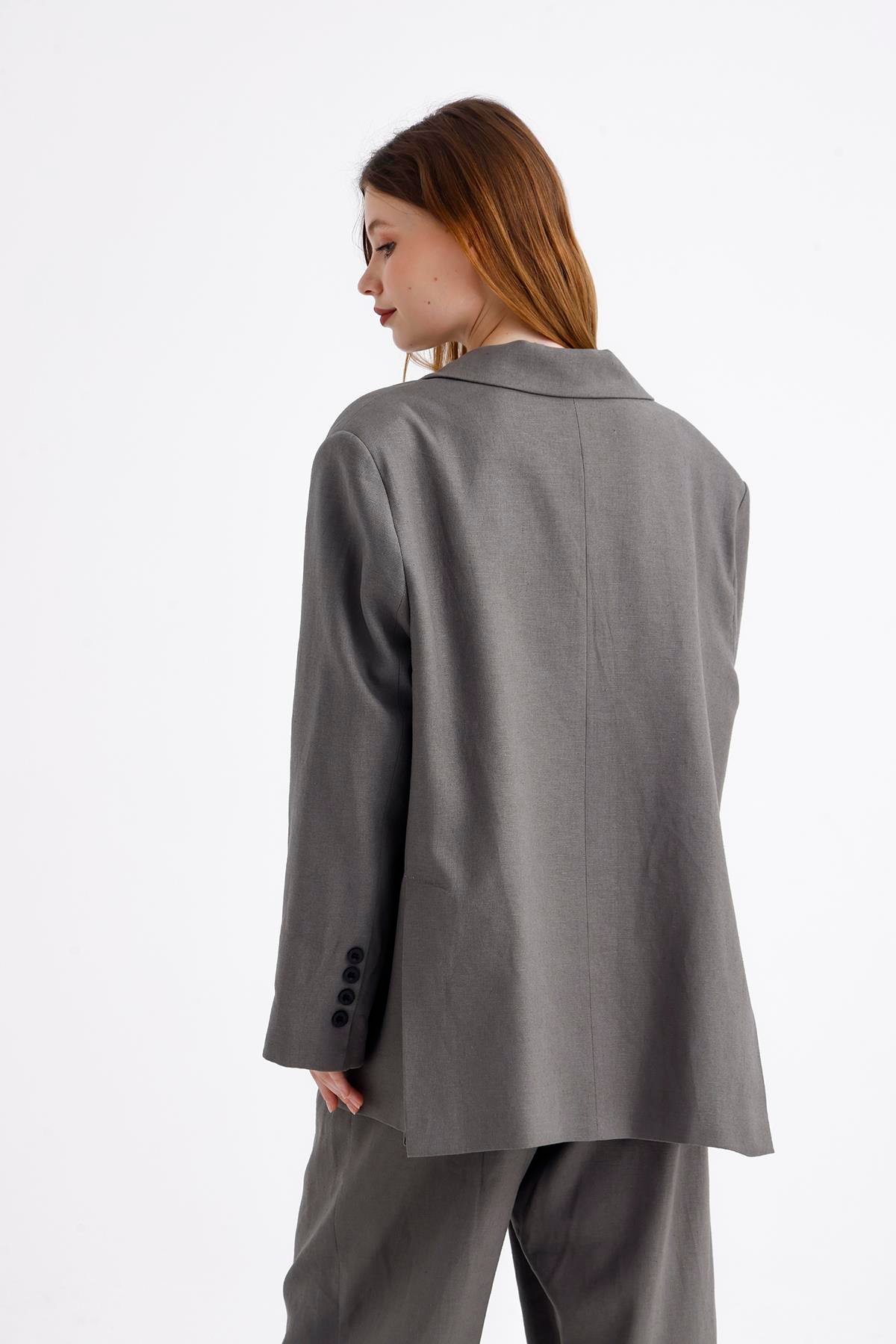 Keten Karışımlı Çift Düğmeli Yırtmaçlı Astarlı Oversize Ceket