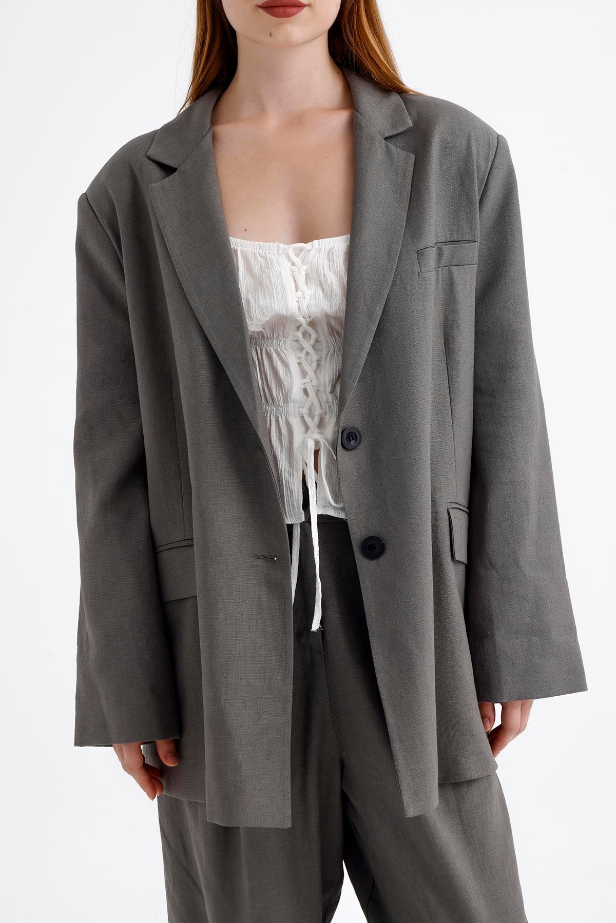 Keten Karışımlı Çift Düğmeli Yırtmaçlı Astarlı Oversize Ceket