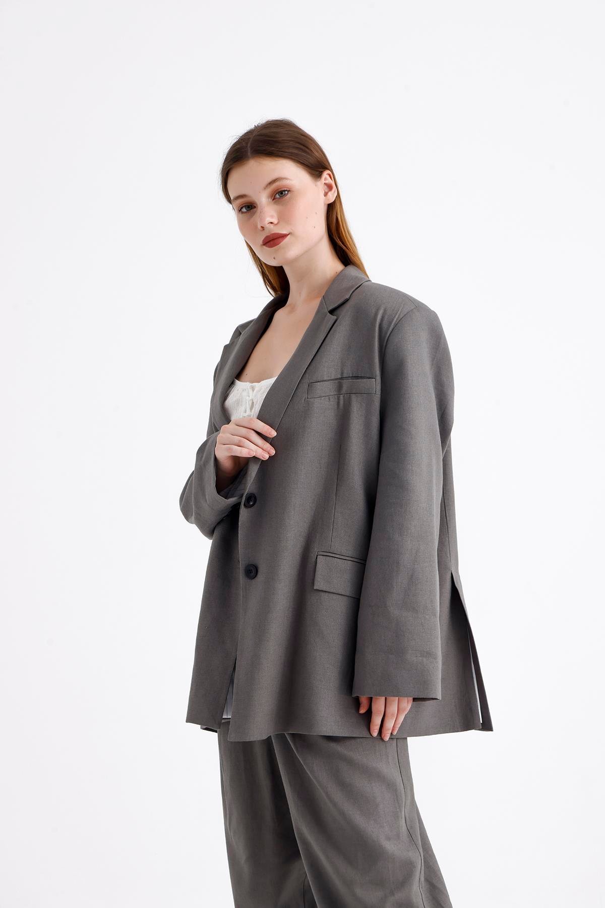 Keten Karışımlı Çift Düğmeli Yırtmaçlı Astarlı Oversize Ceket