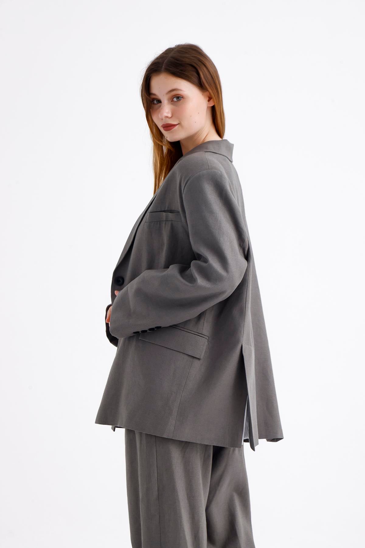 Keten Karışımlı Çift Düğmeli Yırtmaçlı Astarlı Oversize Ceket