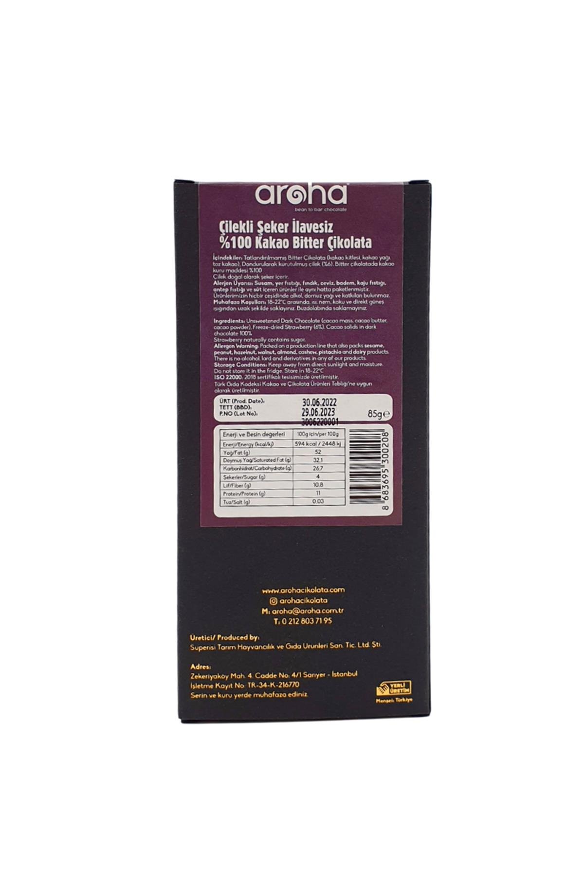 Aroha %100 Bitter Çikolata Çilekli 85 Gr