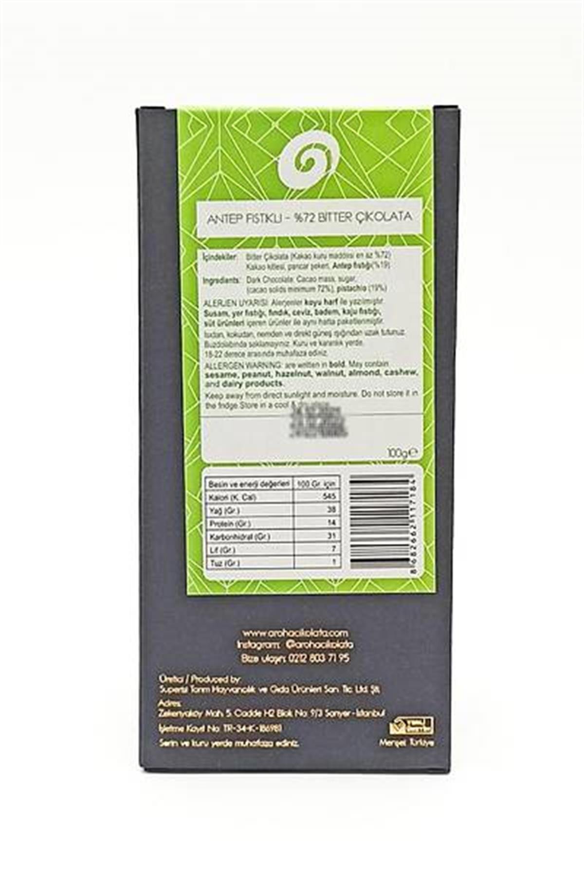 Aroha %72 Bitter Çikolata Antep Fıstıklı 100 Gr
