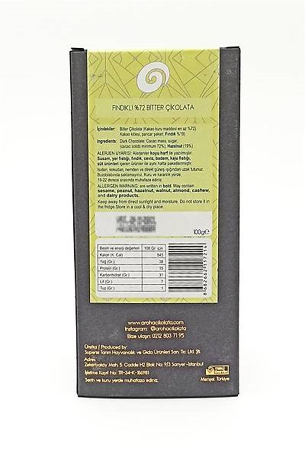 Aroha %72 Bitter Çikolata Fındıklı 100 Gr