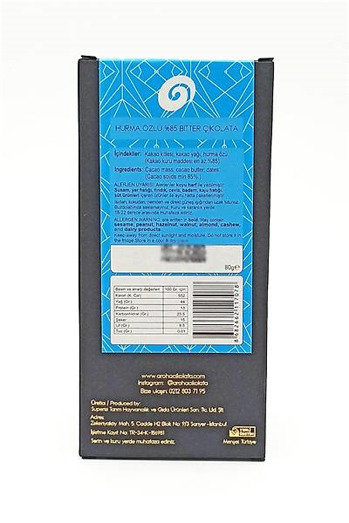 Aroha %85 Bitter Vegan Hurma Özlü Çikolata 80 Gr