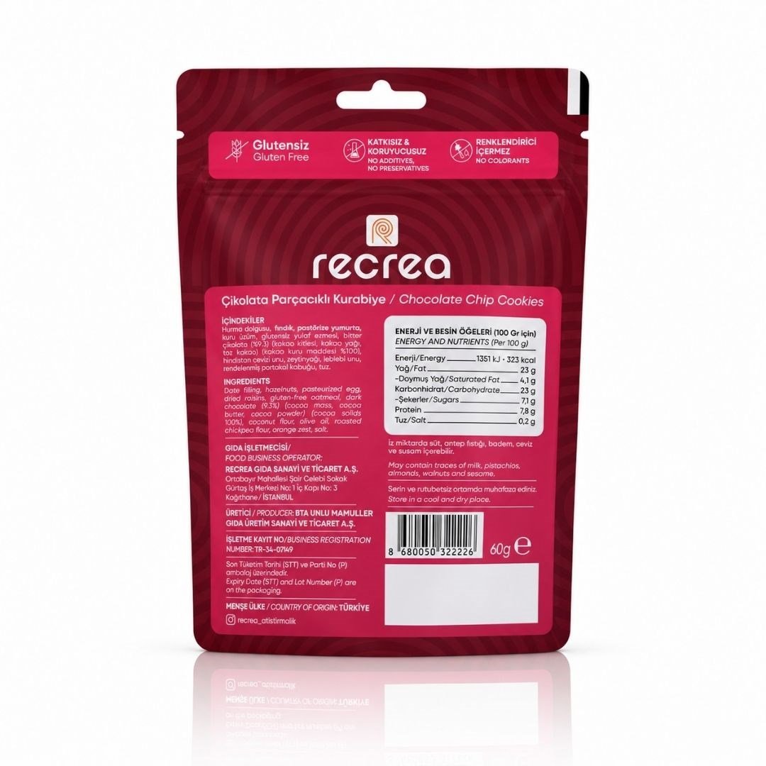 Glutensiz Çikolata Parçacıklı Kurabiye 60 gr - Recrea