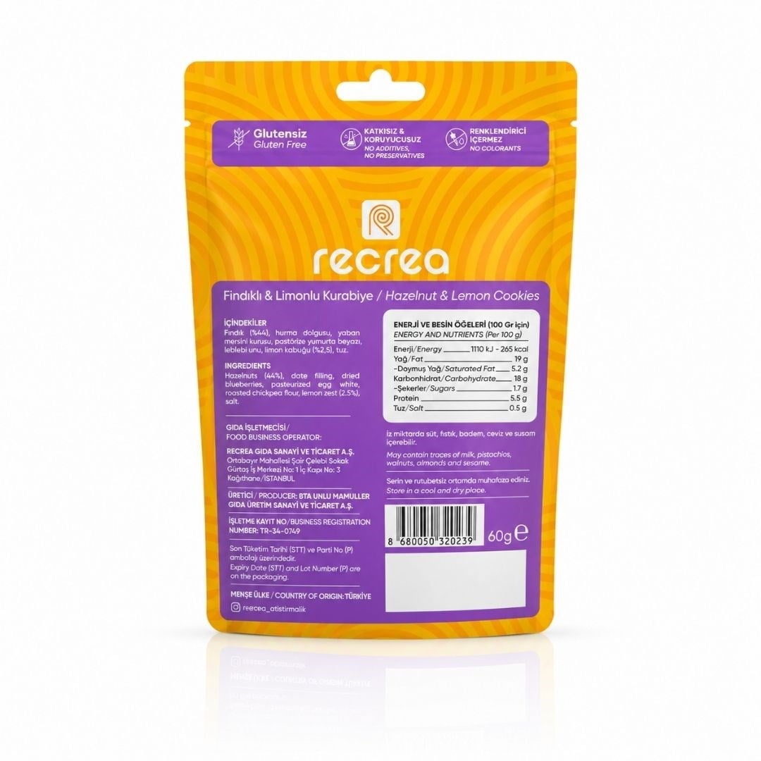 Glutensiz Fındıklı & Limonlu Kurabiye 60 gr - Recrea