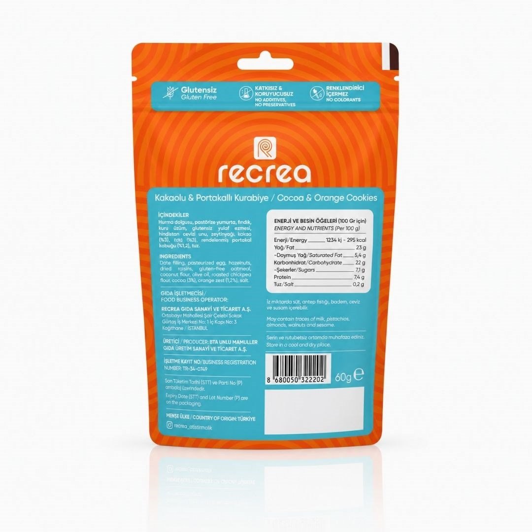 Glutensiz Kakaolu & Portakallı Kurabiye 60 gr - Recrea