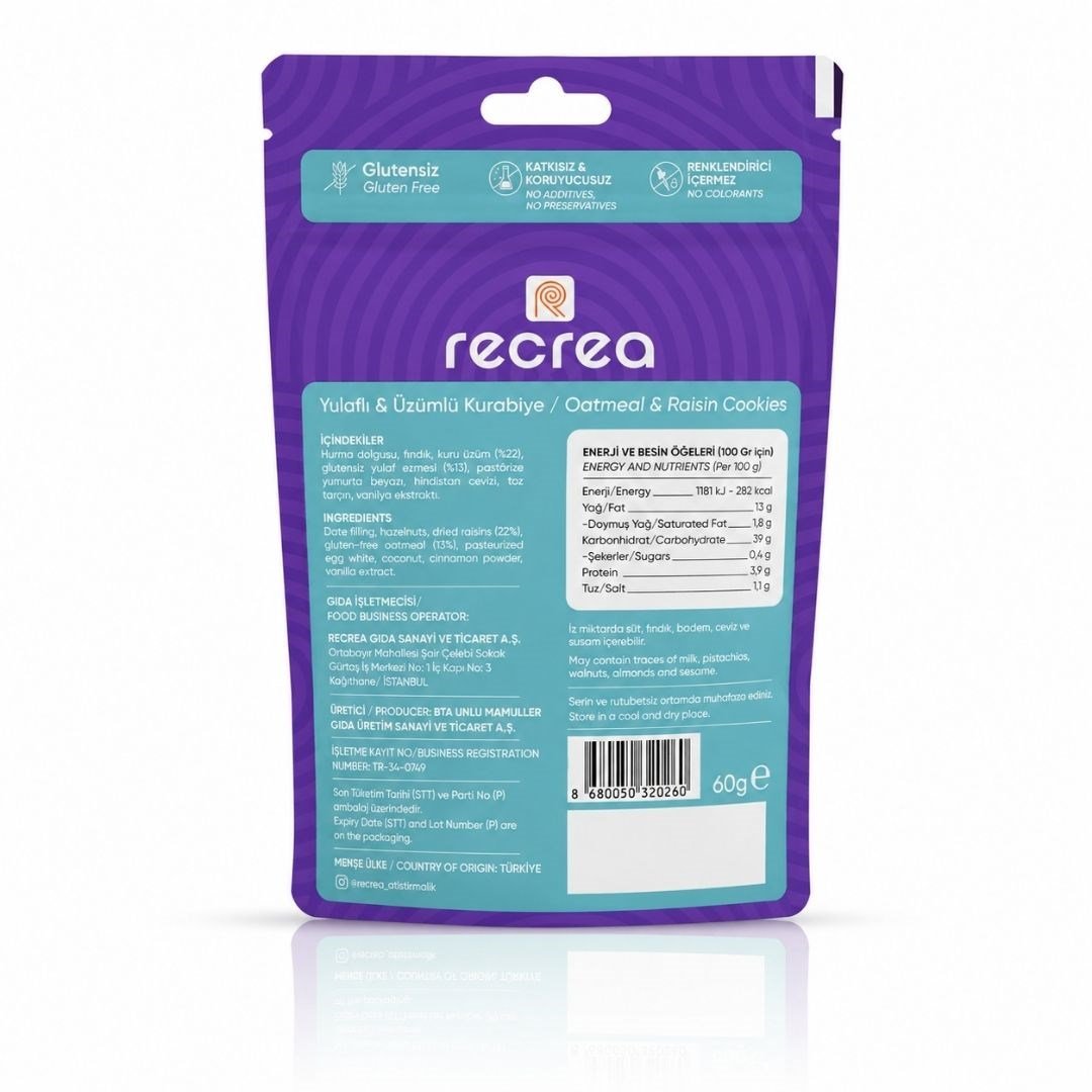 Glutensiz Yulaflı & Üzümlü Kurabiye 60 gr - Recrea