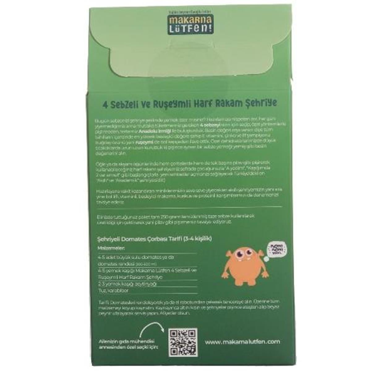 Makarna Lütfen 4 Sebzeli ve Rüşeyimli Harf Rakam Şehriye 250 Gr