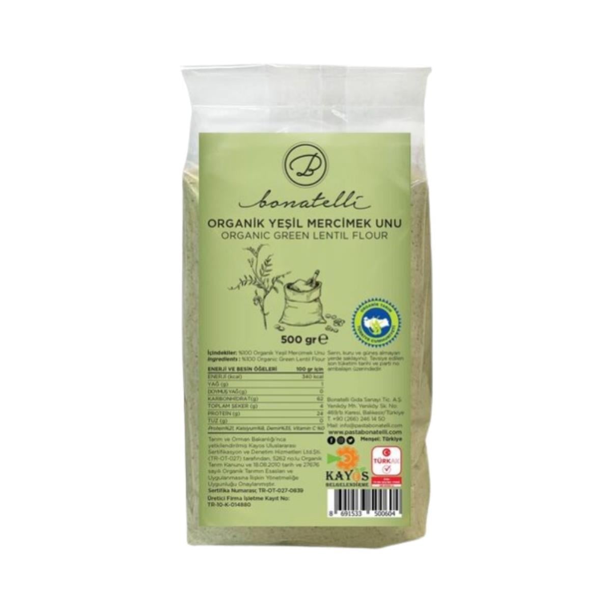 Organik Yeşil Mercimek Unu 500 gr-Bonatelli