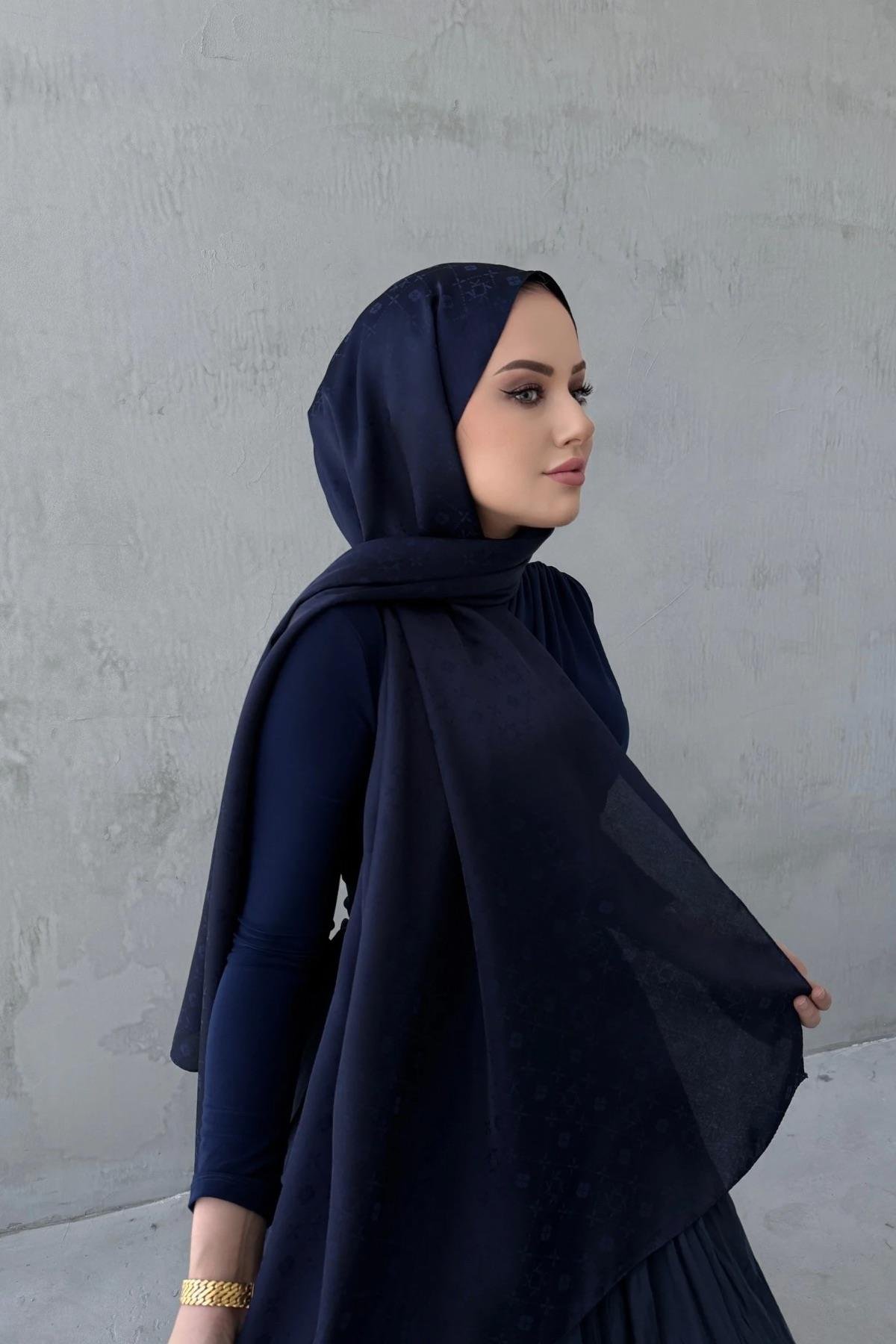Lacivert Liya Desenli İpeksi Jakar Şal