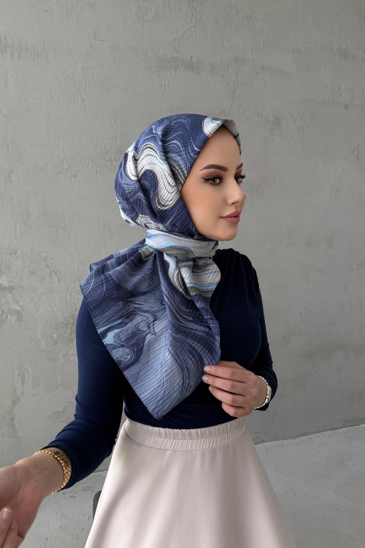 Lacivert Masal Naturel Eşarp 