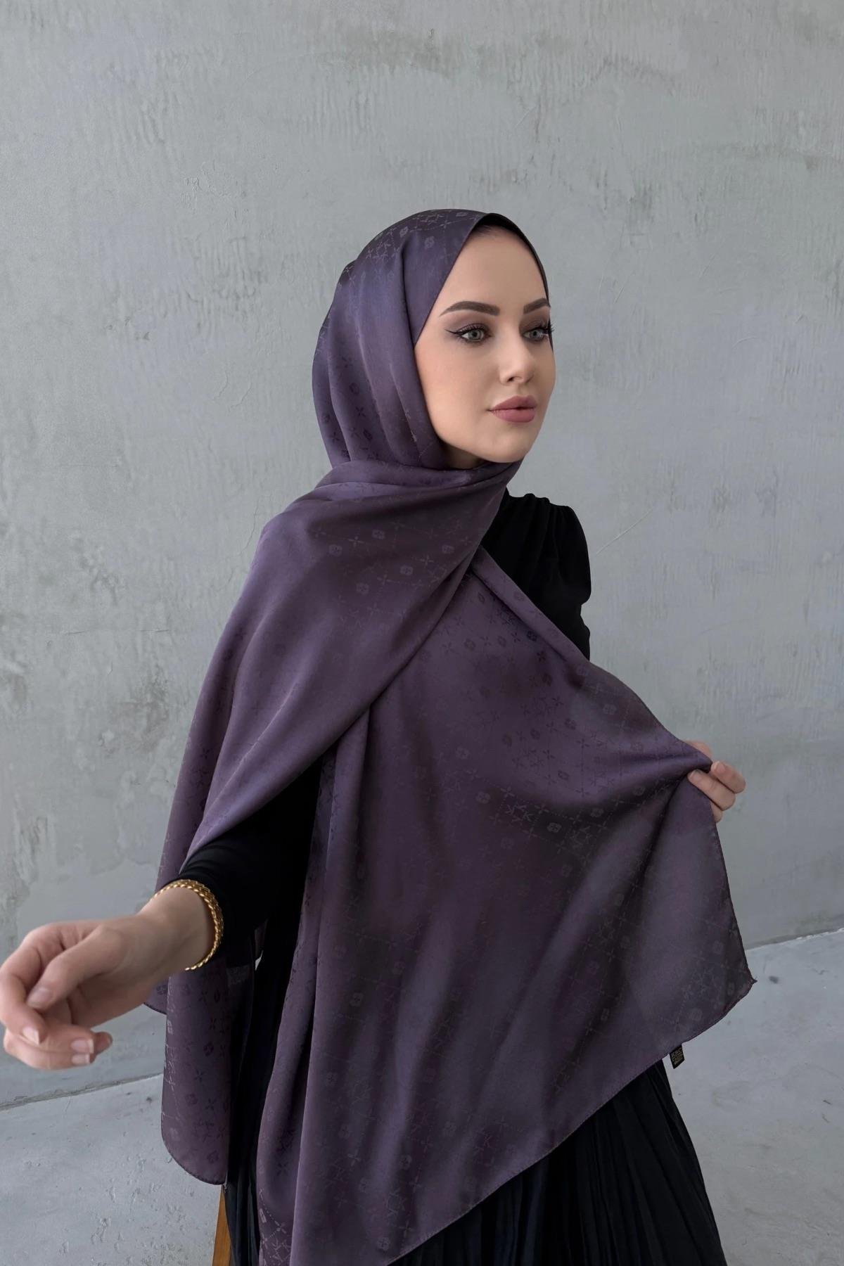 Purple Gray Liya Patterned Silky Jacquard Shawl