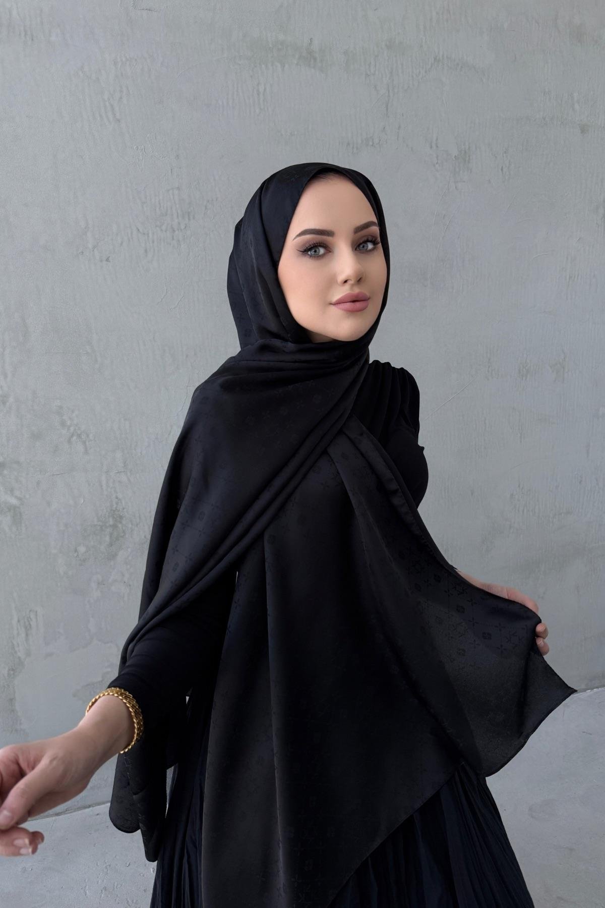 Black Liya Patterned Silky Jacquard Shawl