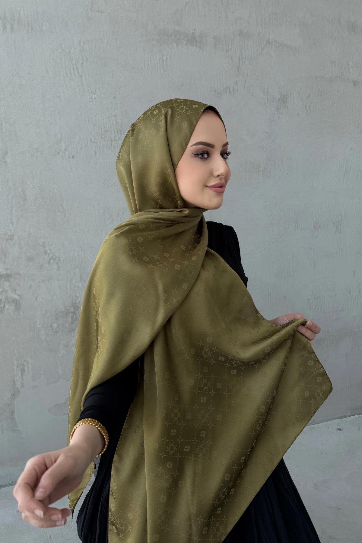 Green Liya Patterned Silky Jacquard Shawl