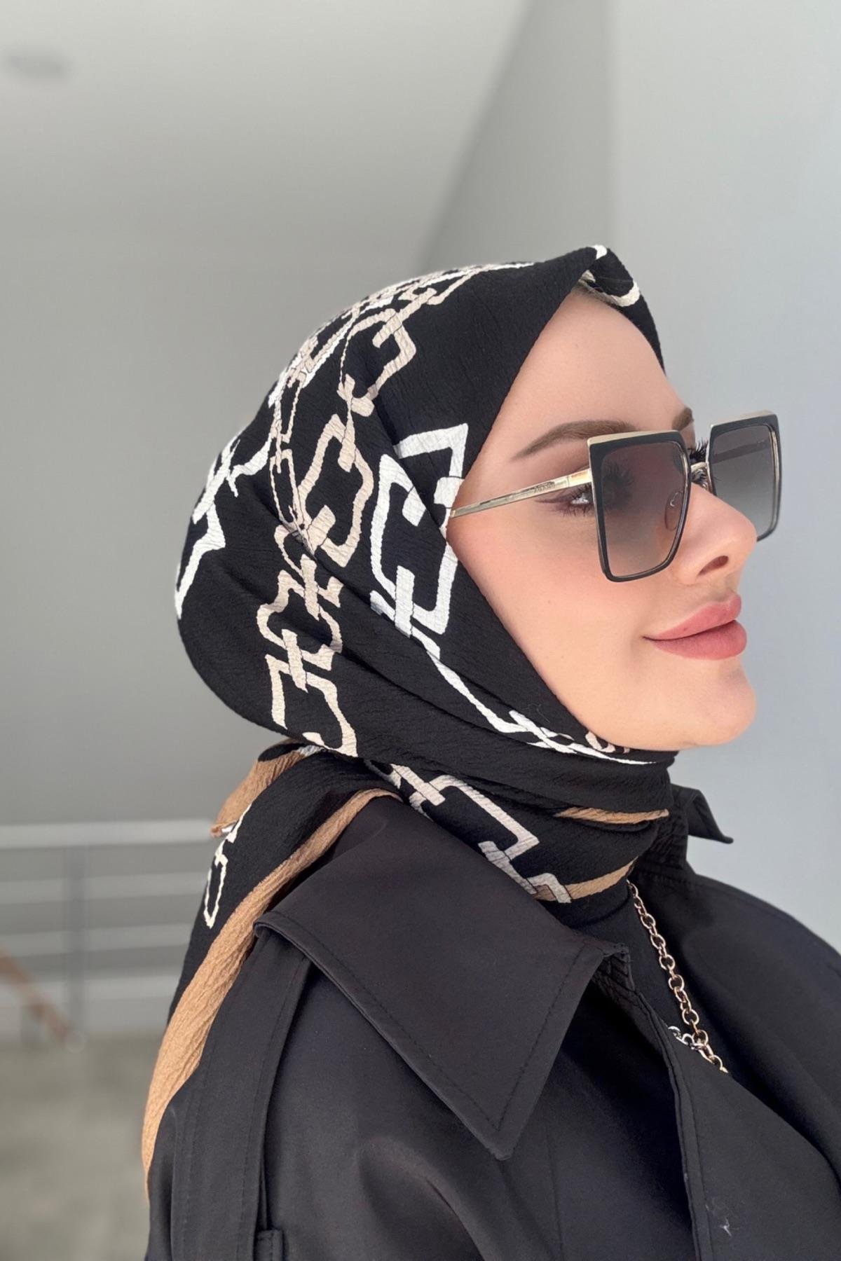 Zincir Desen Naturel Eşarp Siyah Taba
