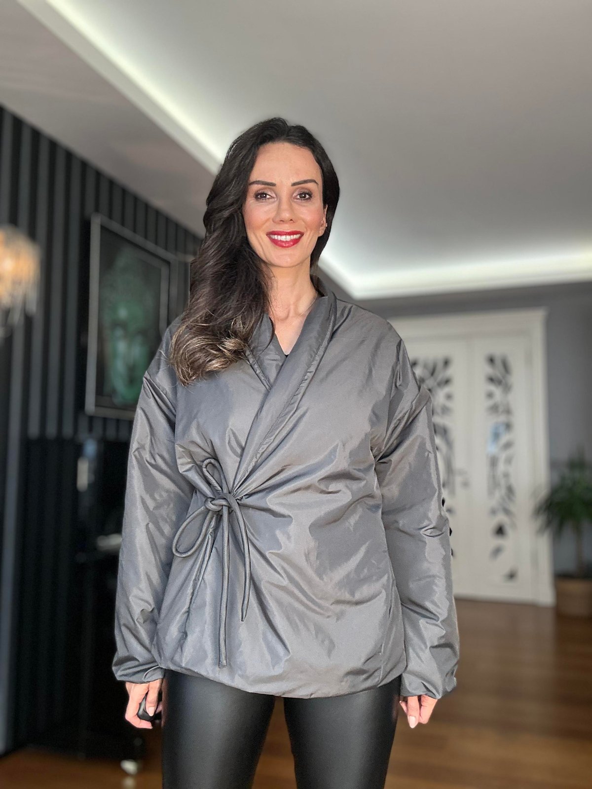 Antrasit Kruvaze Kimono Mont
