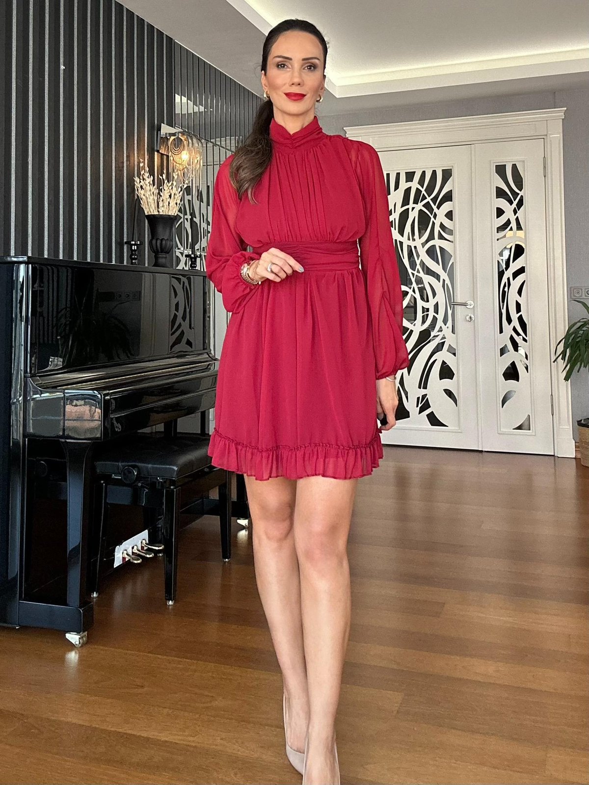 Bordo Şifon Mini Elbise