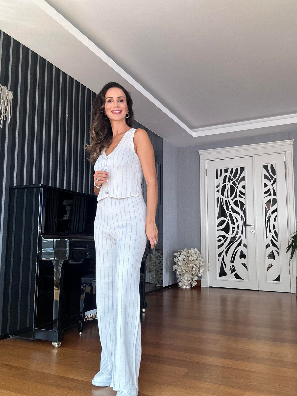 Ekru Triko Pantolon Yelek Takım