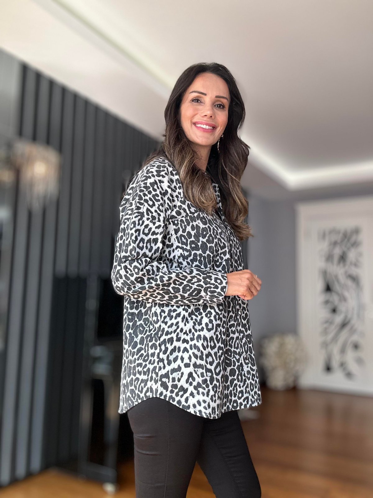 Gri Leopar Gabardin Gömlek