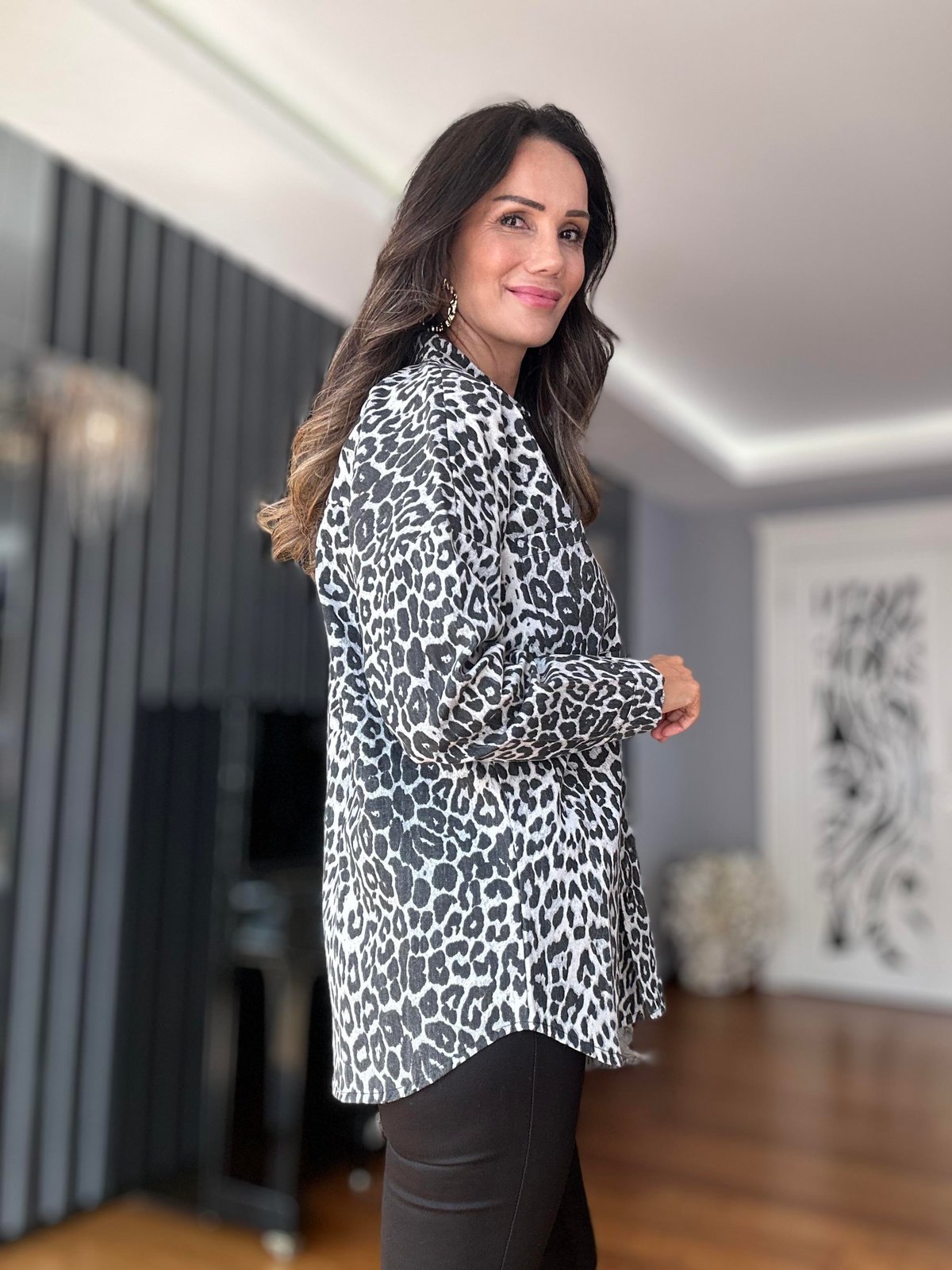 Gri Leopar Gabardin Gömlek